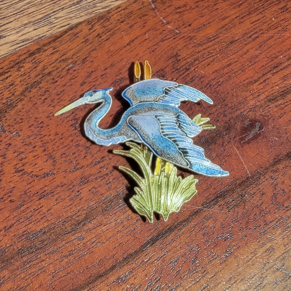 Zarlite By Zarah Great Blue Heron Sterling And Enamel Brooch